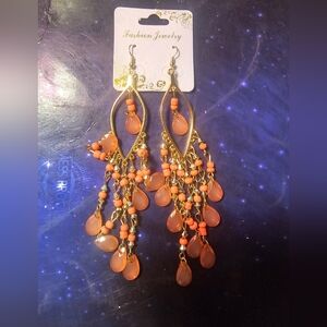 Gold & Coral Chandelier Fashion Earrings 5"